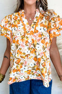 Ruffled Notched Short Sleeve Floral Blouse-Tops-Rae Collective, Women's Online Fashion Boutique Located in Phoenix, Arizona (Scottsdale Area)