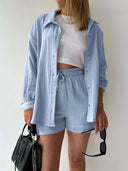 Kinsley Texture Button-Up Shirt and Drawstring Shorts Set-Rae Collective, Women's Online Fashion Boutique Located in Phoenix, Arizona (Scottsdale Area)