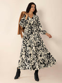 Tied Printed V-Neck Long Sleeve Midi Dress-Rae Collective, Women's Online Fashion Boutique Located in Phoenix, Arizona (Scottsdale Area)