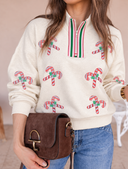 Sequin Candy Canes Contrast Collar Patchwork Loose Sweatshirt