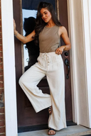 So Chill Drawstring Elastic Waist Button Pleated Detail Wide Leg Pants
