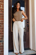 So Chill Drawstring Elastic Waist Button Pleated Detail Wide Leg Pants