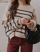 Round Neck Striped Side Slit Lantern Sleeve Sweater-Sweater-Krush Kandy, Women's Online Fashion Boutique Located in Phoenix, Arizona (Scottsdale Area)