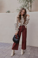 Round Neck Striped Side Slit Lantern Sleeve Sweater-Sweater-Rae Collective, Women's Online Fashion Boutique Located in Phoenix, Arizona (Scottsdale Area)