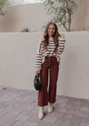 Round Neck Striped Side Slit Lantern Sleeve Sweater-Sweater-Rae Collective, Women's Online Fashion Boutique Located in Phoenix, Arizona (Scottsdale Area)