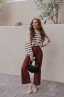 Round Neck Striped Side Slit Lantern Sleeve Sweater-Sweater-Rae Collective, Women's Online Fashion Boutique Located in Phoenix, Arizona (Scottsdale Area)