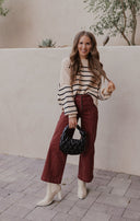 Round Neck Striped Side Slit Lantern Sleeve Sweater-Sweater-Krush Kandy, Women's Online Fashion Boutique Located in Phoenix, Arizona (Scottsdale Area)