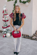 Plaid Pearl Ruffle Short Sleeve Loose T Shirt-Tops-Krush Kandy, Women's Online Fashion Boutique Located in Phoenix, Arizona (Scottsdale Area)