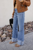 KANCAN Wide Leg Rolled Cuff Denim Jean-Jeans-Krush Kandy, Women's Online Fashion Boutique Located in Phoenix, Arizona (Scottsdale Area)